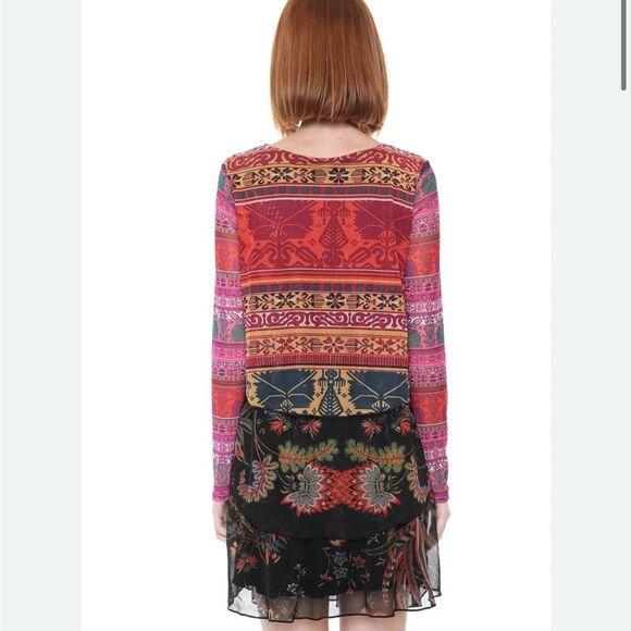 Desigual Tiered Layered Long Sleeve Dress Multicolor Print NWT Size S - Picture 2 of 13